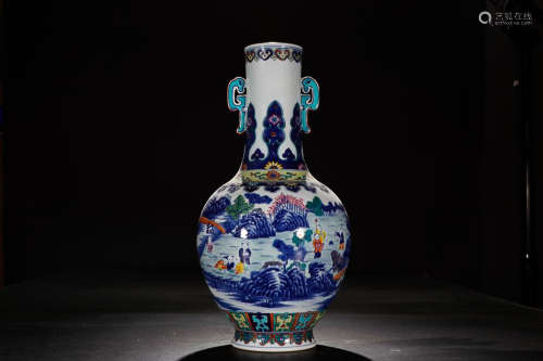 QIANLONG' MARK B&W AND FAMILLE ROSE CHARACTER DOUBLE-EAR VASE