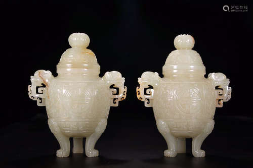 HETIAN JADE BEAST TRIPOD EAR-CENSER IN PAIR