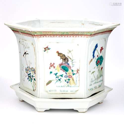 Chinese Enameled Porcelain Jardiniere and Undertray