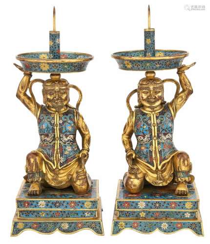 Pair of Chinese Cloisonne Enamel and Gilt-Bronze 'Foreigner' Candle Prickets