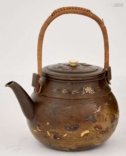 Japanese Mixed Metal Inlaid Bronze Teapot