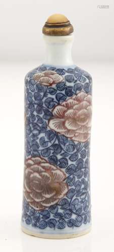 Chinese Blue, White and Peachbloom Glazed Porcelain Snuff Bottle