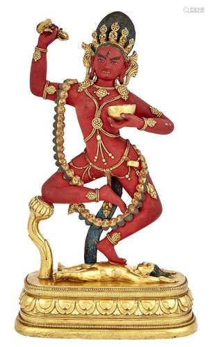 Tibetan Red Painted and Parcel Gilt-Bronze Vajrayogini