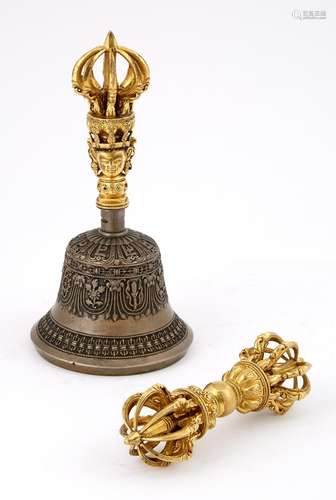 Tibetan Gilt-Bronze Vajra and Bell