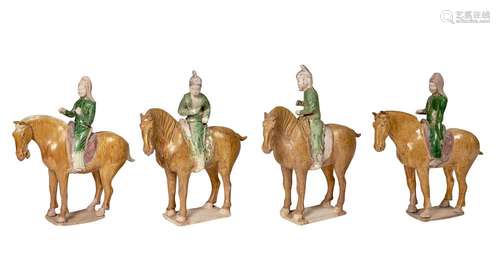 Group of Four Chinese Glazed Pottery Mounted Horses