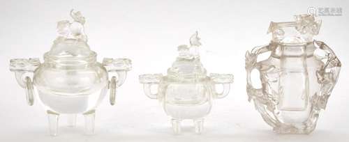 Two Chinese Rock Crystal Covered Censers; Together with a Chinese Covered Vase