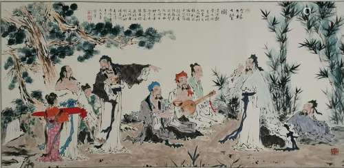 CHINESE INK AND COLOR PAINTING OF 7 SCHOLARS, FAN