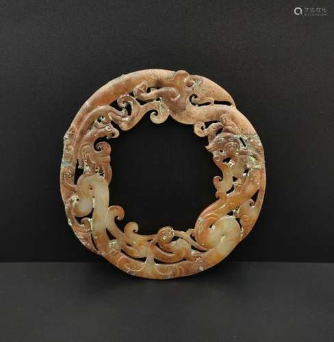 CHINESE ARCHAIC JADE DRAGON PHOENIX PENDANT