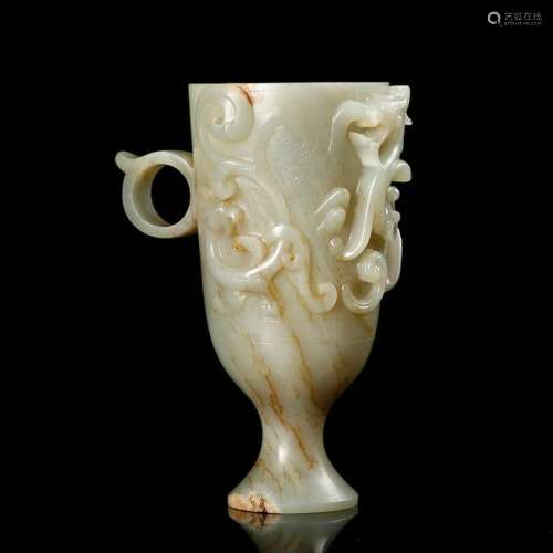 CHINESE CELADON JADE CUP CARVED HIGH RELIEF