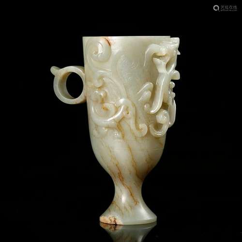 CHINESE CELADON JADE CUP CARVED HIGH RELIEF