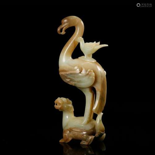 CHINESE CELADON JADE CARVED CRANE