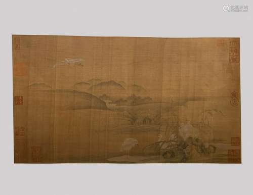 CHINESE SILK PAINTING OF LANDSCAPE SCENE