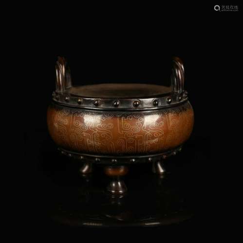 CHINESE BRONZE CENSER WITH SILVER WIRE