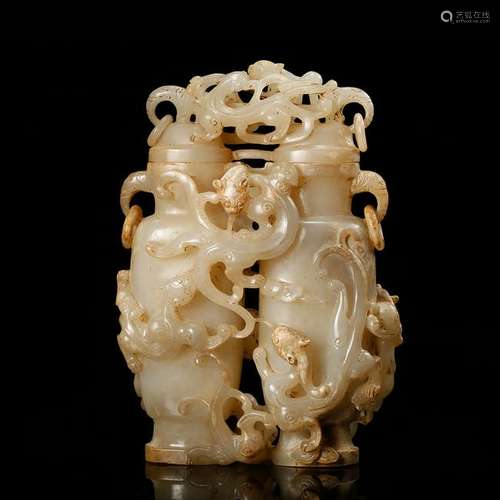 CHINESE WHITE JADE DRAGON COVER VASE