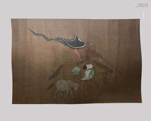 CHINESE SILK PAINTING OF MONGOLS RIDING HORSE