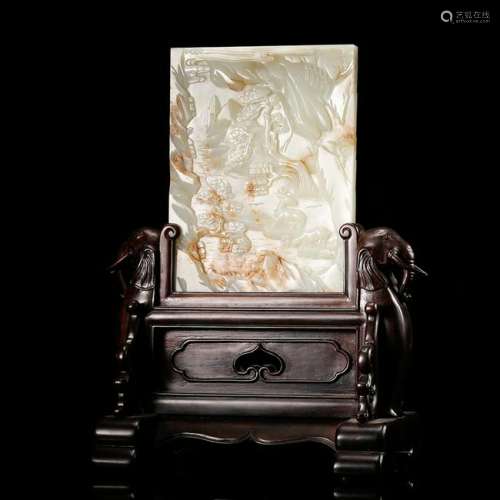 CHINESE CELADON WHITE JADE PLAQUE TABLE SCREEN