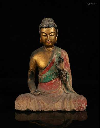 CHINESE POLYCHROME WOOD FIGURE OF SHAKYAMUNI