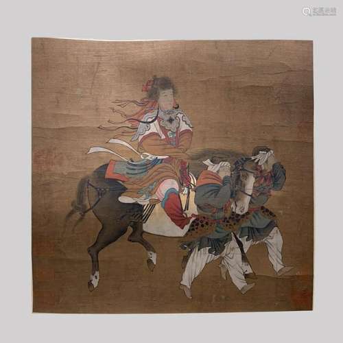 CHINESE SILK PAINTING OF WARRIOR RIDING HORSE