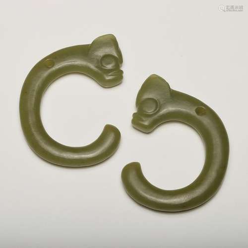 CHINESE CELADON JADE DRAGON PENDANT, PAIR