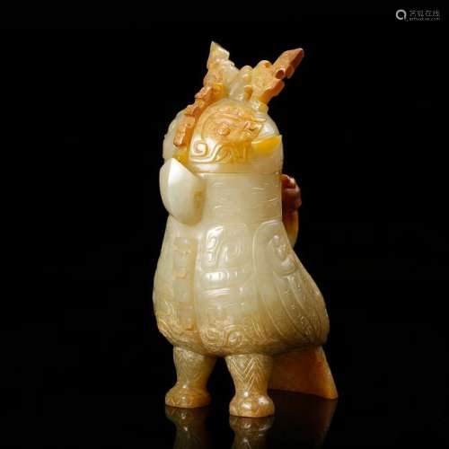 CHINESE ARCHAIC JADE CARVED PHOENIX VESSEL