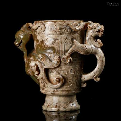 CHINESE ARCHAIC JADE CHILONG CUP IN HIGH RELIEF