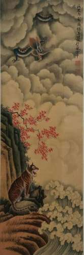 CHINESE SILK PAINTING OF TIGER AND DRAGON, ZHANG S