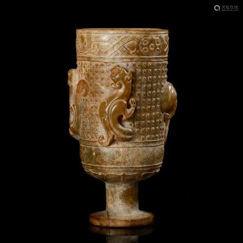 CHINESE ARCHAIC JADE CHILONG CUP IN HIGH RELIEF
