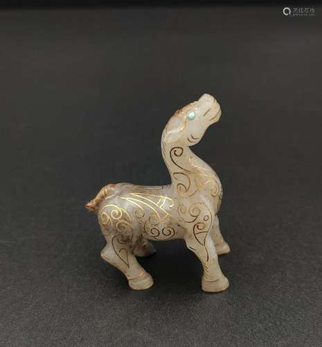 CHINESE WHITE JADE HORSE WITH GILT WIRING