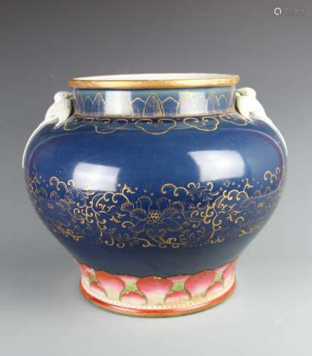 CHINESE GILDED BLUE GROUND PORCELAIN JAR