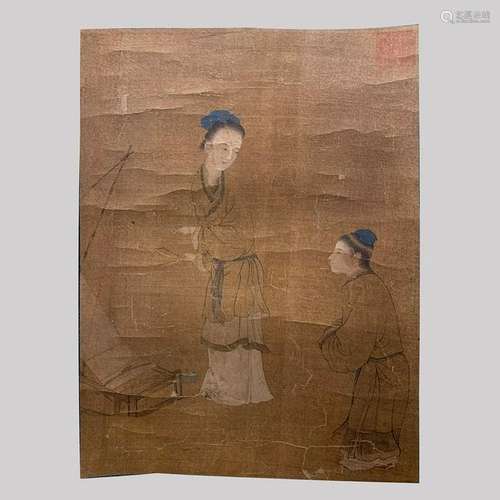 CHINESE SILK PAINTING OF FIGURINE SCENE