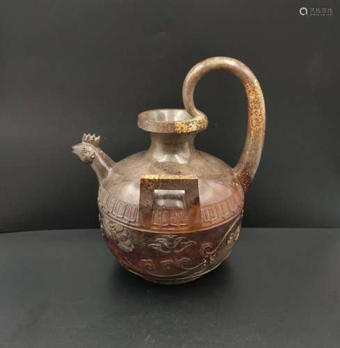 CHINESE ARCHAIC JADE ROOSTER WATER PITCHER