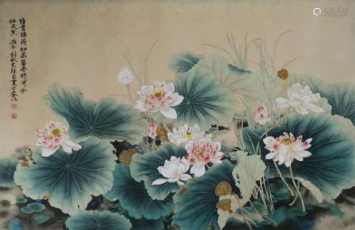 CHINESE INK AND COLOR PAINTING OF LOTUS FLOWERS, Y