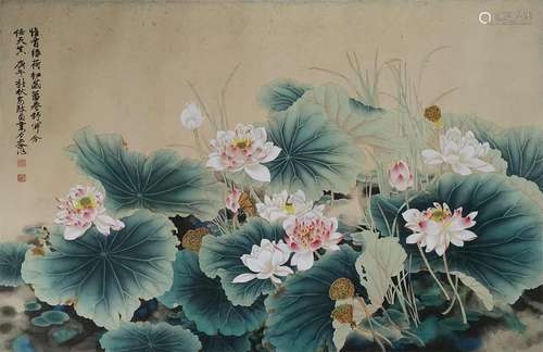 CHINESE INK AND COLOR PAINTING OF LOTUS FLOWERS, Y