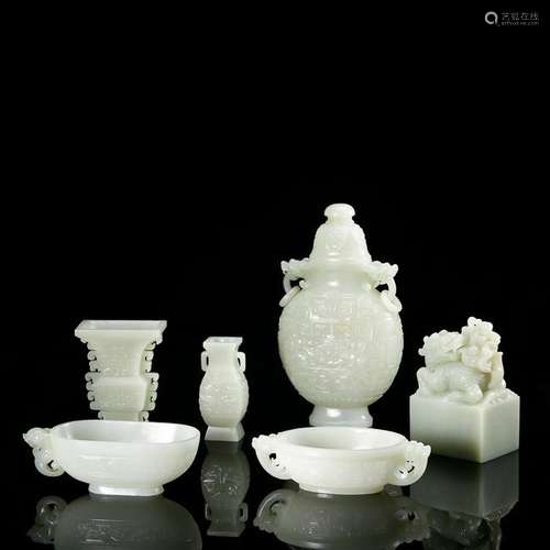 CHINESE SET OF 6 WHITE JADE VASE, BOWL, SEAL, AND