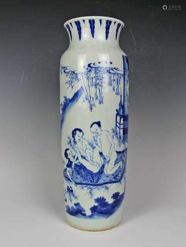 CHINESE BLUE WHITE PORCELAIN SLEEVE VASE W. EROTIC