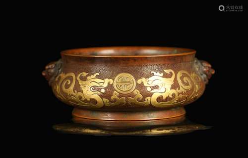 CHINESE PARTIAL GILT FOOLION CENSER