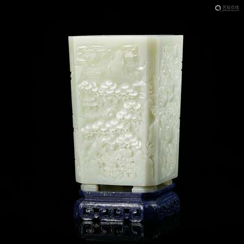 CHINESE WHITE JADE LANDSCAPE BRUSH POT W. STAND