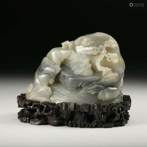 CHINESE GREY AND WHITE JADE CARVED LANDSCAPE BOULD