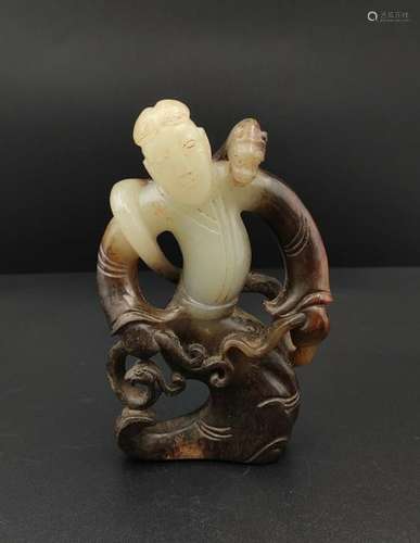 CHINESE ARCHAIC JADE FIGURE WITH DRAGON