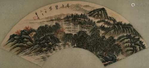 CHINESE INK AND COLOR LANDSCAPE FAN PAINTING, QI G