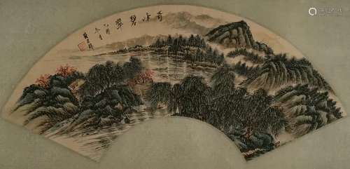 CHINESE INK AND COLOR LANDSCAPE FAN PAINTING, HUAN