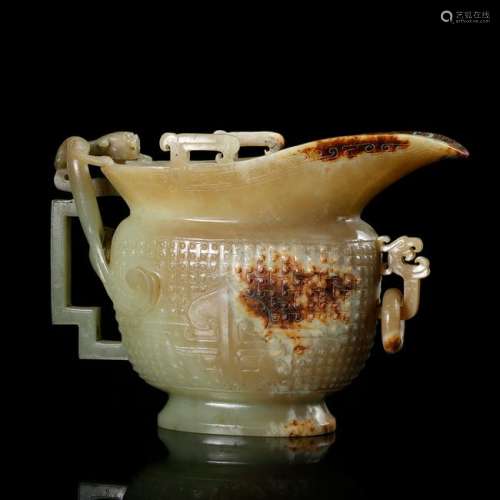 CHINESE ARCHAIC JADE CARVED CUP W. COVER