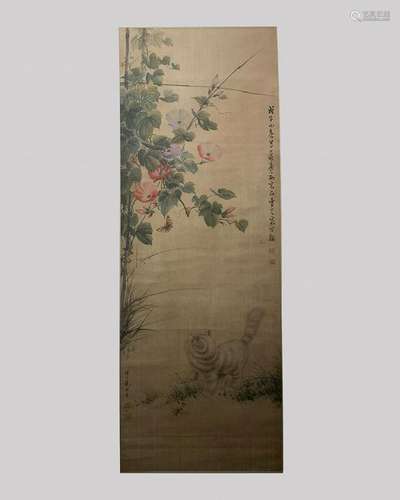 CHINESE SILK PAINTING OF FLOWER SCENE