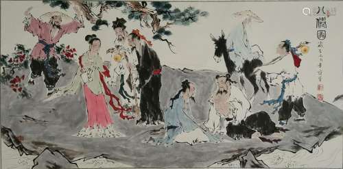 CHINESE INK AND COLOR PAINTING OF 8 IMMORTALS, FAN