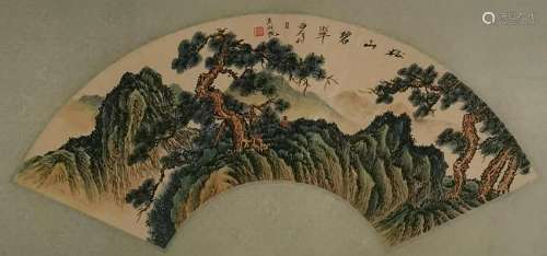 CHINESE INK AND COLOR LANDSCAPE FAN PAINTING, WU H