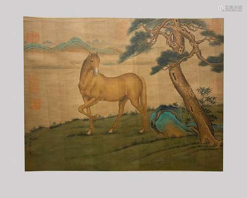 CHINESE SILK PAINTING OF HORSE SCENE