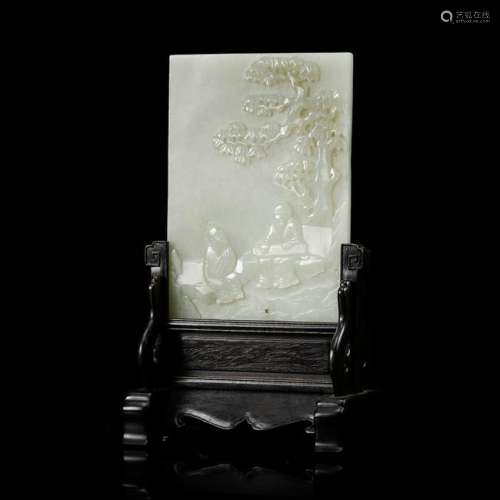 CHINESE WHITE JADE PLAQUE TABLE SCREEN
