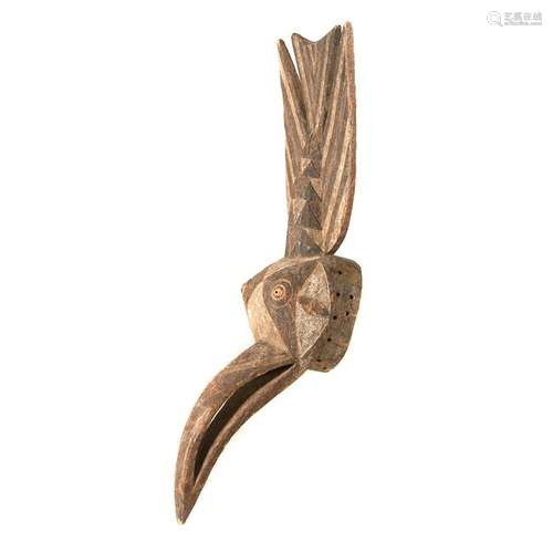 African Carved Wood and Painted Zoomorphic Bird Mask,