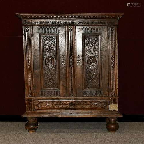 German Two Door Carved Oak Armoire.