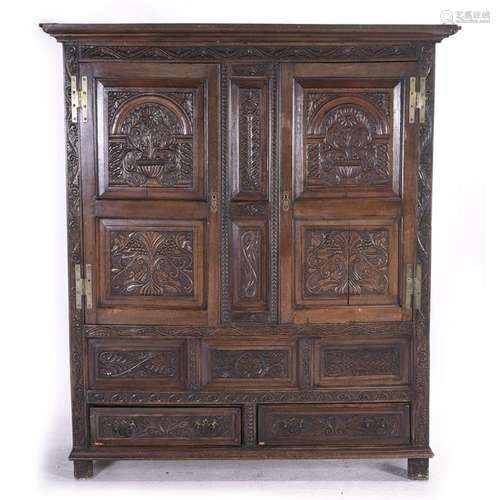 Large Italian Renaissance Style Carved Oak Armoire.